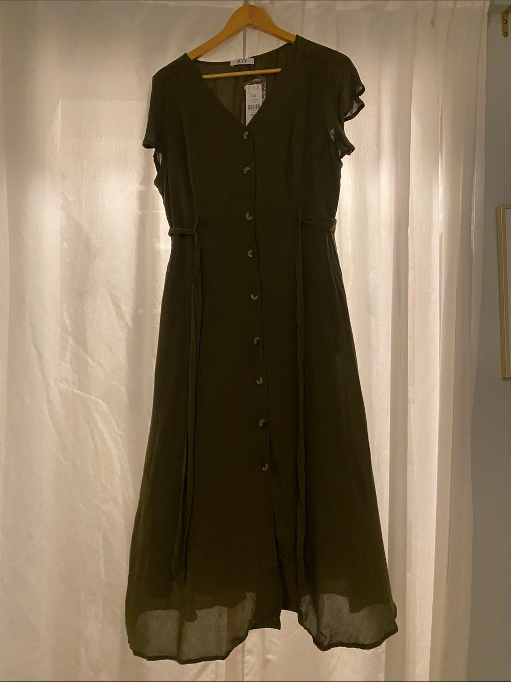 Olive Green Button-Front Midi Dress - Womens